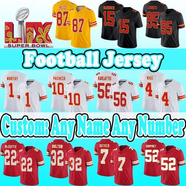 2025 New Add Patch Football Jerseys 1 Xavier Worthy 15 Patrick Mahomes 87 Travis Kelce 7 Harrison Butker 52 Creed Humphrey 71 Josh Simmons 23 Drue Tranquill 35 Watson