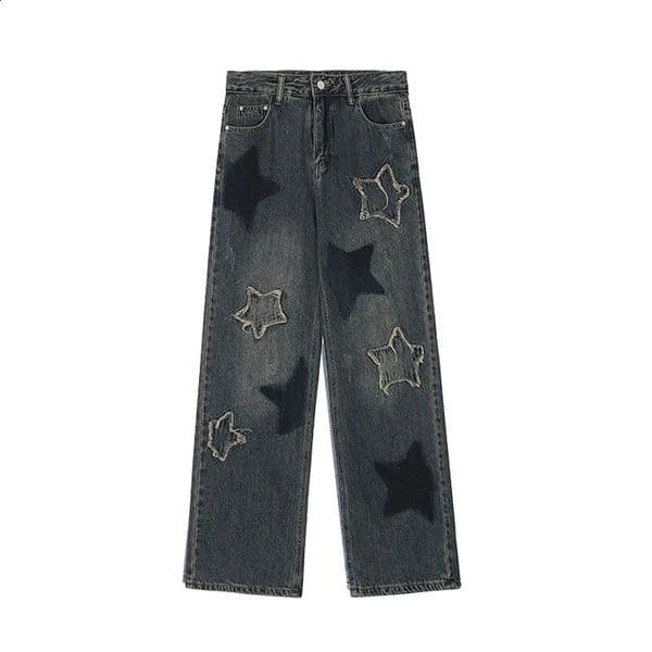 AIJUNER High Waisted Jeans Y2K Fashion Women Star Printed Blue Straight Leg Denim Pants Trousers Mom Jean Baggy 250911BJ