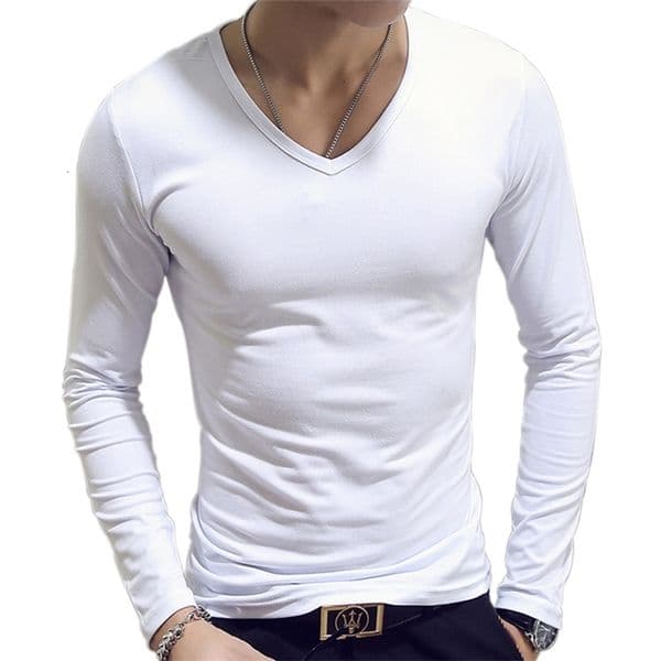White Solid Color Basic Slim Men Tshirt Spring Autumn Bottoming Shirt Men Round Neck Vneck Casual Tops Longsleeve Shirts 250910BJ