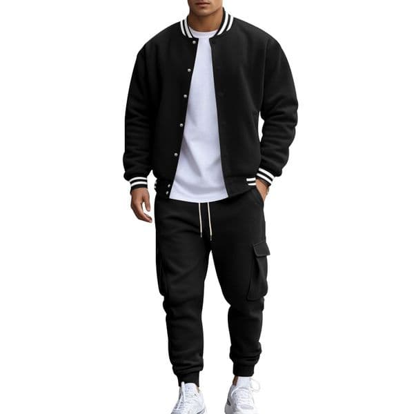 Men's Sports Set Autumn Winter American Style Stand Collar Baseball Jacket with Fleece-Lined Pants Loose Fit Casual Track Suit EU Size: S-3XL