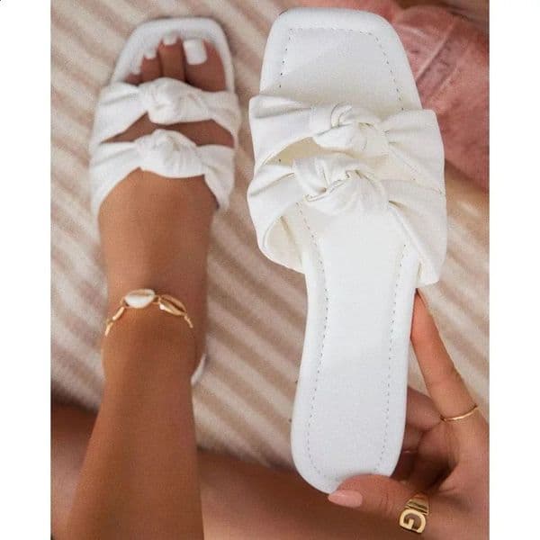 Summer Women Sandals Outdoor Plus Size 43 Open Toe Flat Slippers Women Square Head Bow Beach Women Shoes Zapatos De Mujer 250910BJ