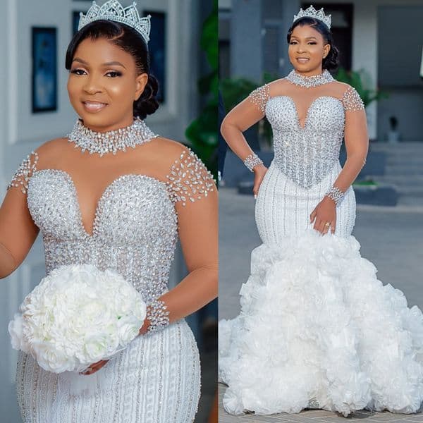 2025 Plus Size Aso Ebi Wedding Dress Bridal Gowns For Bride Mermaid High Neck Illusion Beaded Lace Pearls Ruffles Tiers Rhinestones Wedding Gowns For Black Women D649
