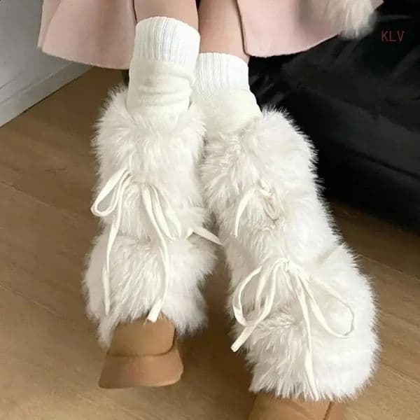 JK Girls Boot Cuffs Leg Warmers Women Winter Warm Harajuku Sweet Ribbon Bowknot Furry Plush White Cover Long Socks 250910BJ