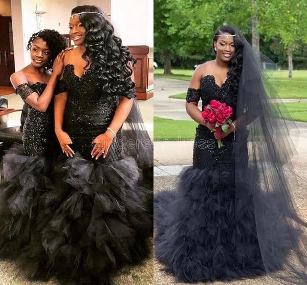 Black Mermaid Wedding Dress Off The Shoulder Lace Appliques Ruffles Long Train African Bridal Gowns Plus Size Gothic Robes de mariage