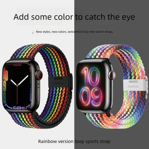 Compatible with Apple iWatch 9 S10 Buckle Loop Nylon Rainbow Woven Watch Band