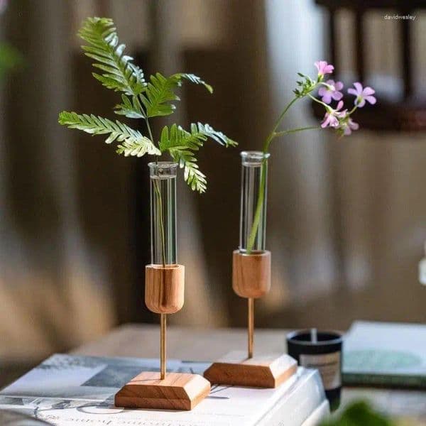 Vases 1Pcs Creative Home Desktop Ornaments Wooden Vase Test Tube Transparent Glass Hydroponic Plant Flower Arranger
