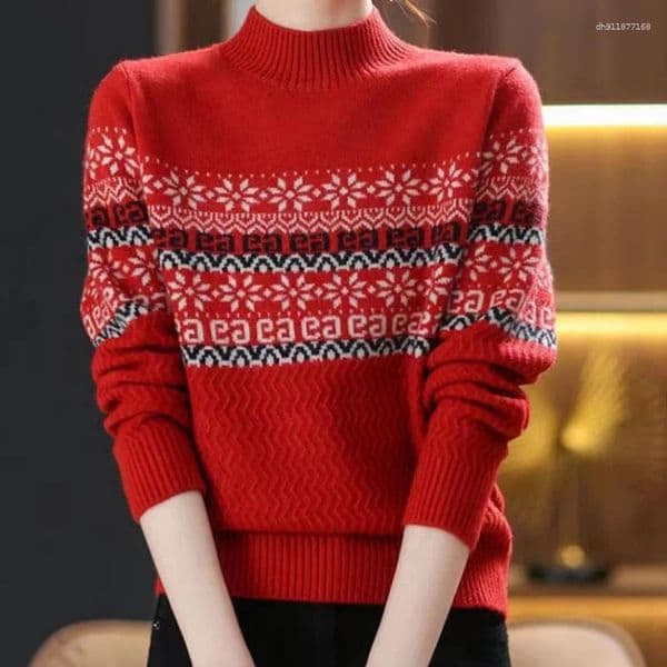 Women's Sweaters 2025 Style Jacquard Pullover Sweater For Women Autumn And Winter Loose Fit Half-high Neck Color-block Pattern Knitted Shi