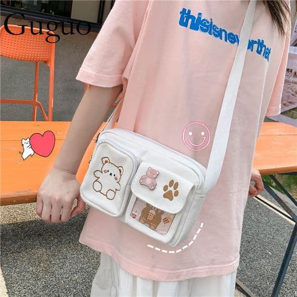 Guguo Free Shipping New Designer Bag Canvas Small Bag Japanese Style Ins Vintage Cute Funny Personality Embroidered Bear Student Transparent Crossbody Bag