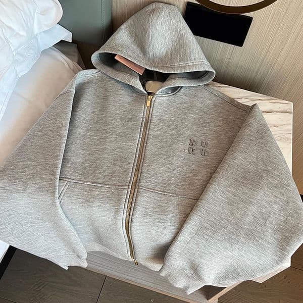 Men Women Grey Zipper Hoodie Casual Letter Embroidered Sport Coat Street Style Loose Outerwear