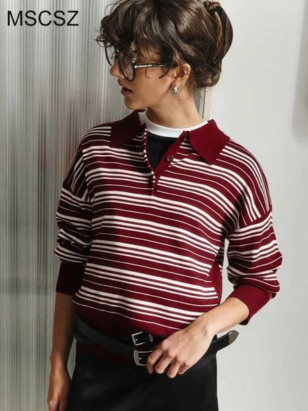 MSCSZ Red Striped Sweater Woman Collared Long Sleeve Pullover Sweater Preppy Style Casual Knitted Shirt Fall Winter Z250912
