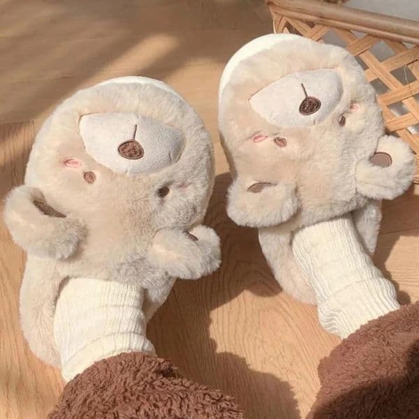 Cute Bear Single Band Winter Women Slipper Soft Heel Platform Fur Warm Indoor Comfortable Home Fluffy Home Slippers250912BJ