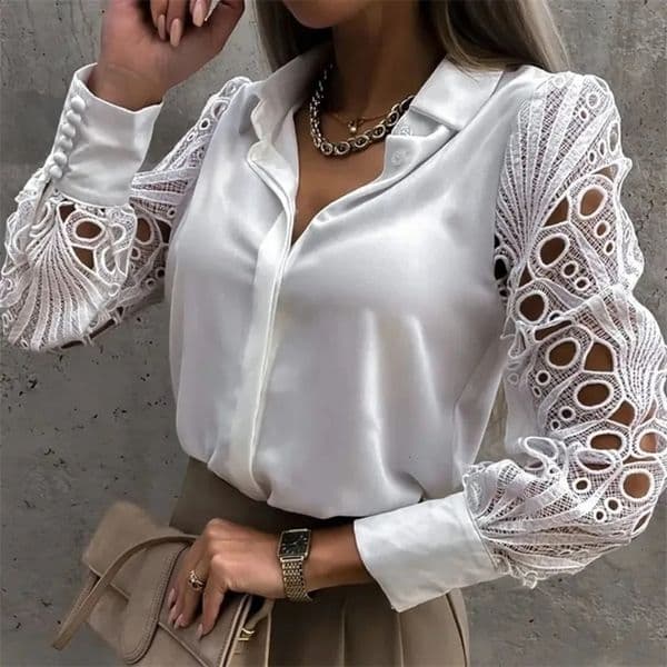 White Sexy Lace Hollow out Women Blouse Autumn Spring Black Top Vintage Button Up Shirts Long Sleeve Tops250908wwBJ