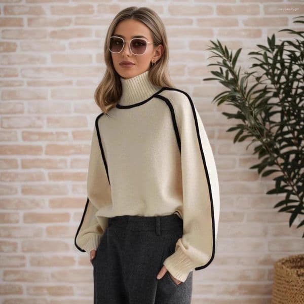 Women's Sweaters Fashion Basic Autumn Winter Color Matching Emperament Sweater High Neck Office Pullover Solid Soft Long Sleeve Clothing