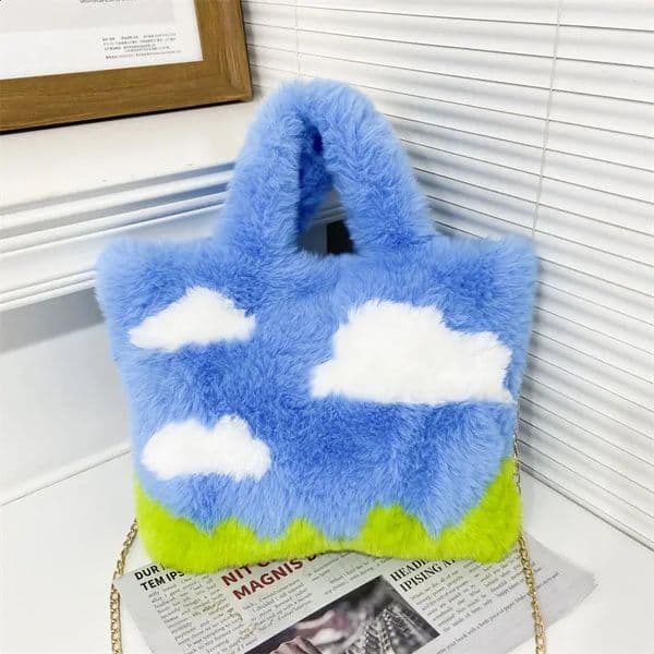 Blue Sky White Clouds Cute Original Kawaii Plush Handbag Crossbody Bag Shoulder Bag Cartoon Fashion Women Bag Purses 250911BJ