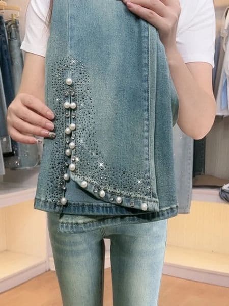 Retro pearl rhinestone micro flared pants for summer 2025 high waist slit n plus size jeans for women 250911