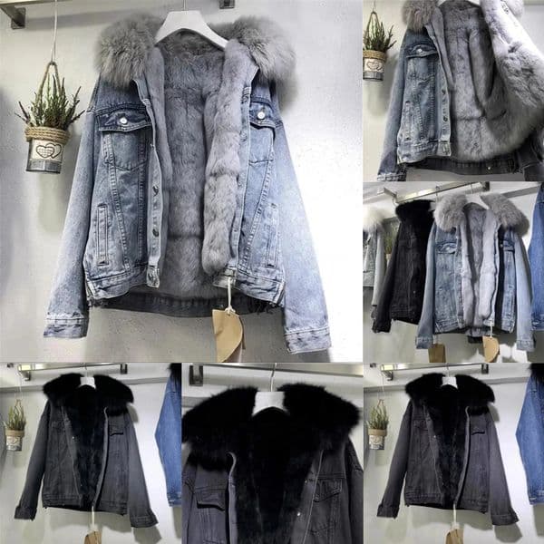 Designer Coat With Fur Snow Wear Oversized Jean Jacket Women Warm Plush Loose Winter Fleece Thick Denim Parkas Blue Autumn Coats