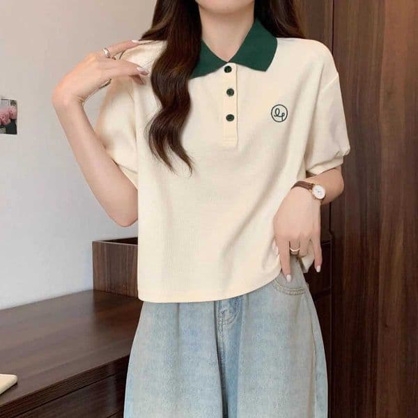 Contrast Color Short Sleeve Woman Button Tshirt Summer Outfit High Quality Sexy Crop Top Y2k Fashion Neck T Shirt for Women Z250912