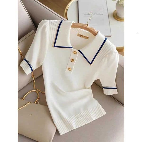 Elegant Slim Fashion Neck Summer Short Sleeve Knitted Tops Women Clothing Vintage Solid Color Button Commute Pullovers Z250912