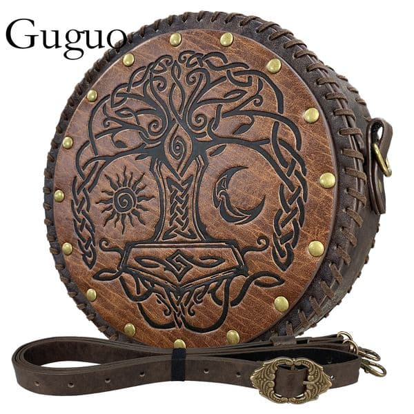Guguo Free Shipping New Designer Bag Round Embossed Bag Medieval European Round Viking Belt Woven Coin Purse Knight Retro Embossed Waist Bag