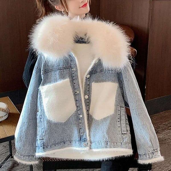 Women's Clothing thickened BF denim jacket autumn and winter new large size loose plus veet lamb wool cotton coat for women
