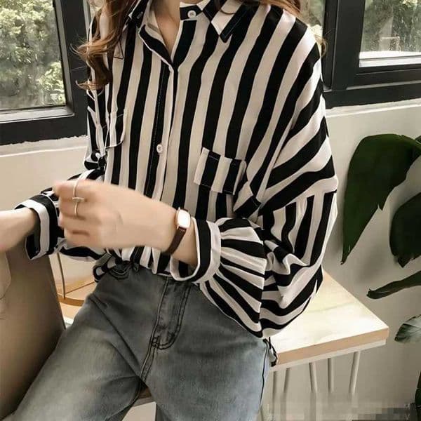 1pcs Woman Spring Autumn Stripe Shirts Lady Casual Long Sleeve Turndown Collar Loose Shirt Female Chiffon Temperament Tops Z250912