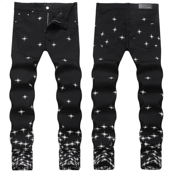 Four Seasons Street Black MidWaist AM Mens Embroidered Elastic Trendy Personality Slim Fit Skinny Jeans Long Pants 250912