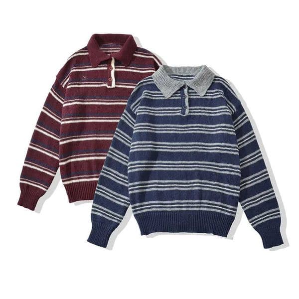 2025 AZRAF Fashion European and American Style Autumn New Striped Pullover Chic Lapel Versatile Long Sleeve Sweater Mujer Z250912