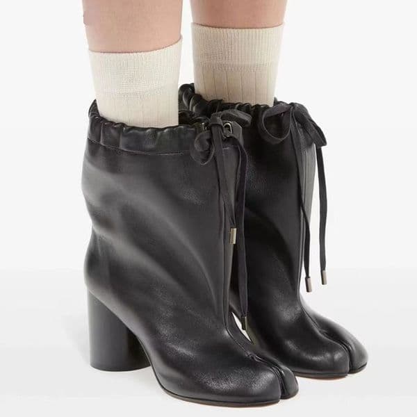 NEW Stylish Wedge Boots Gothic Split Toe Tabi Women Ankle Boots Autumn Winter Genuine Leather Thick High heels Booties Casual Slip On Chunky Shoes