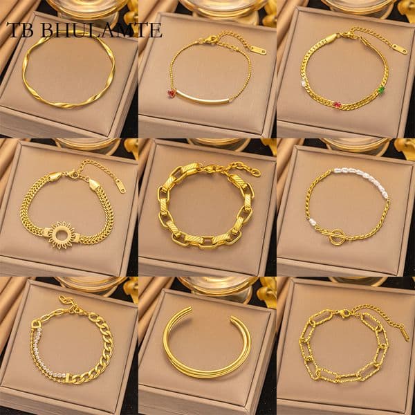 TB BHULAMTE New Korean Style Designer Luxury Women's Titanium Steel Bracelet Multi Style Fashion Accessories Bracelet Jewelry Noble Gold Plating Shining Charming