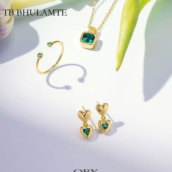 TB BHULAMTE 18K Gold-plated Imitation Jade Women's Jewelry With An Open Ring Zircon Necklace Heart-shaped Luxury Designer Earrings Three Piece Jewelry Set
