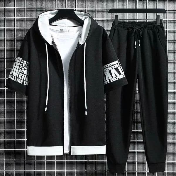 Set for Men Summer Mens Sports Suit 2piece Print Tshirt Casual Hooded Quick Dry Running Long Pant Clothes Short Sleeve Shorts 250915BJ