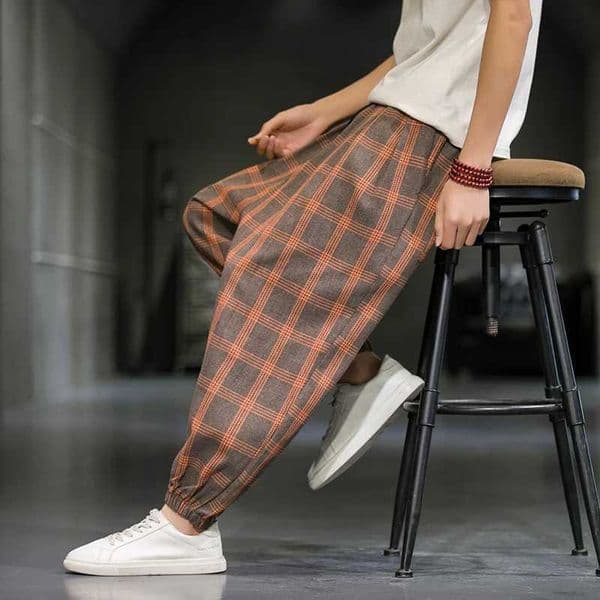 Chinese Style Ice Cotton Casual Pants Men Summer Breathable Thin Section Harem Pants Comfortable Loose Plaid PantsXJ250915