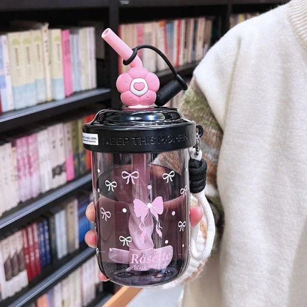 Water Bottles Cute Dust Cap Bottle High-capacity Heat-resistant Straw Handheld Cartoon Tea Kettle Student