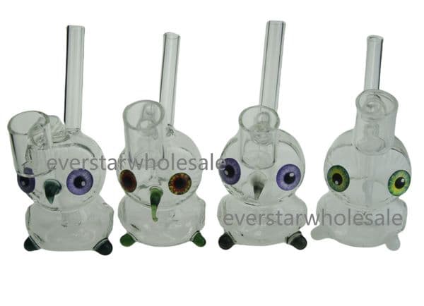 Small Glass Water Pipe with Fixed Owl Design Various Colors of Eyes and Beak