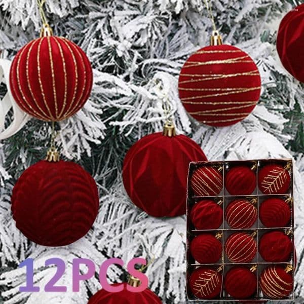 Party Decoration 12PCS Red Painted Velvet Christmas Ball Ornaments Tree Baubles Decorations Home Holiday