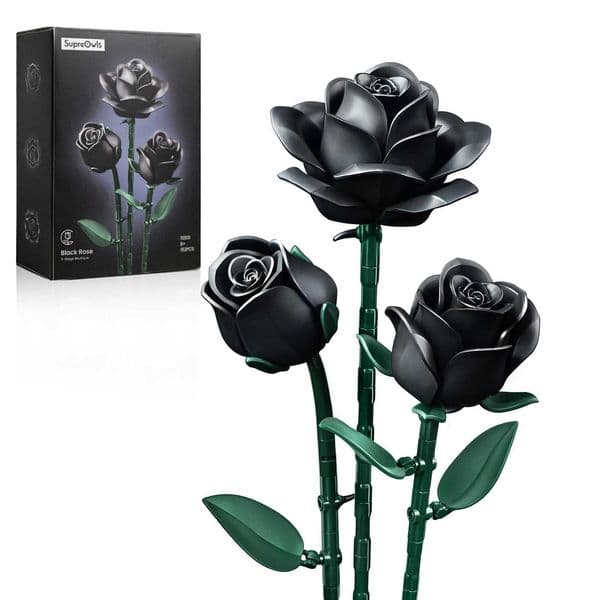 Black Roses Building Block Set 3PCS Simulated Flowers Bouquet Plant Home Decor Floral Model Bricks Gifts for Girls Women Adults Z250915