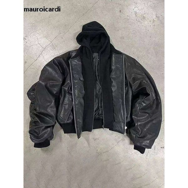 Mauroicardi Autumn Winter Oversized Cool Black Thickened Warm Pu Leather Bomber Jacket Men Hood Designer Fake 2 Clothes thumbnail 2