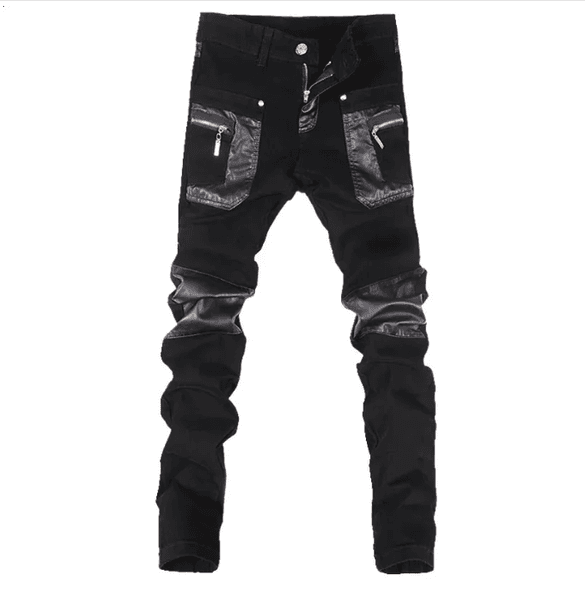 Fashion Men Leather Pants Patchwork Casual Skinny Mens Motorcycle Jeans Slim Trousers Size 28-36 L260509