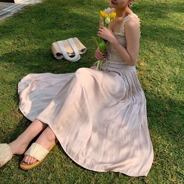 Summer Silky Skirt Elastic High Waist Glossy Long Milk Silk Aline Beach Pearlescent Dress 250915BANJIA