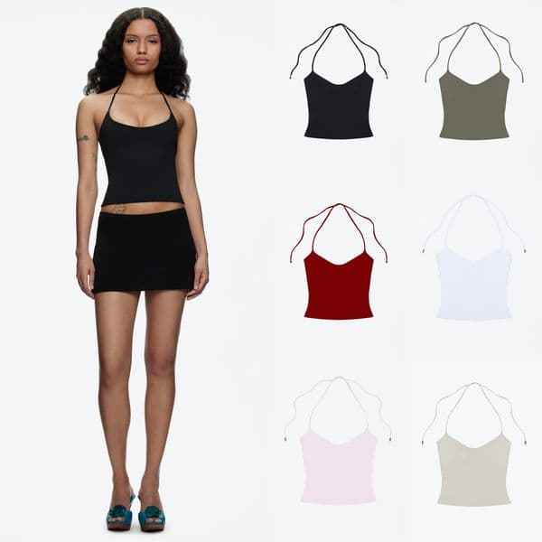 Tank Womens OpenBack Stretchy Camisole Top with Metal Accessories and SelfTie Shoulder Straps LowNeck Sexy Halter 250915BANJIA