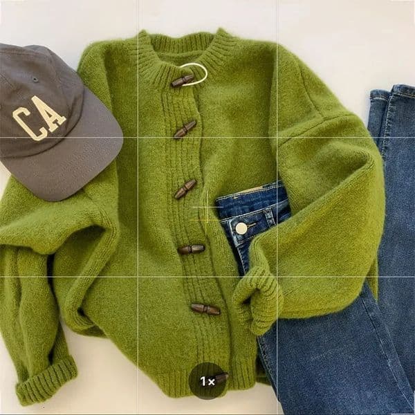 2024 Autumn Korean Style Green Horn Buckle Knitted Top Womens Winter Lazy Versatile Loose Outer Wear Sweater Cardigan 250915BANJIA