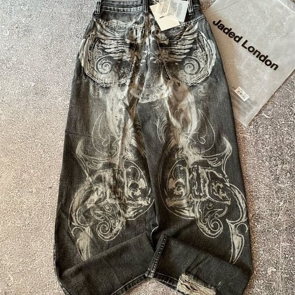 Y2K American Hole Oversized Printing Washed Old Casual Jeans Men Punk Fashion Vintage Hip Hop High Waist Wide Leg Pants250912BJ
