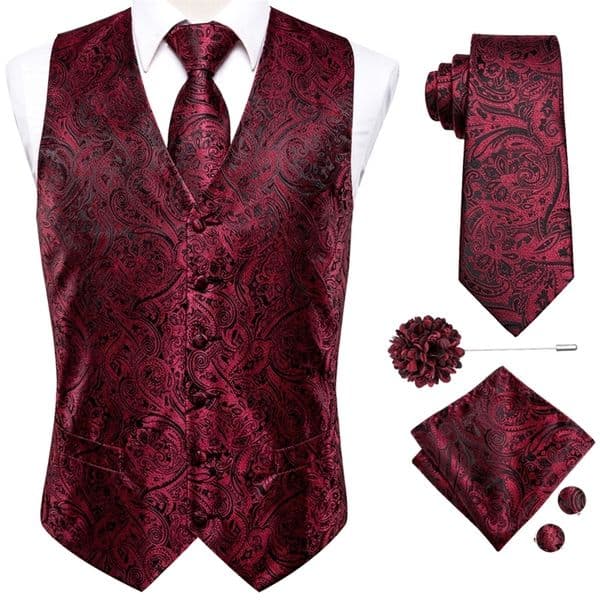 HiTie Silk Mens Vests Jacquard Waistcoat Neck Tie Hanky Cufflinks Brooch Set for Men Suit Sleeveless Jacket Wedding Business 250915
