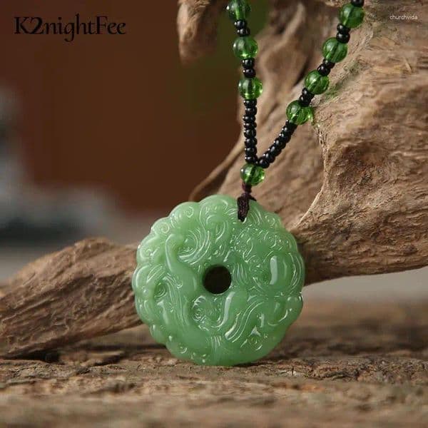 Pendant Necklaces Multicolor Chinese Amulet Women Mans Lucky Jewelry Gift Fashion Green Jade Hand-Carved Dragon Hollow Necklace