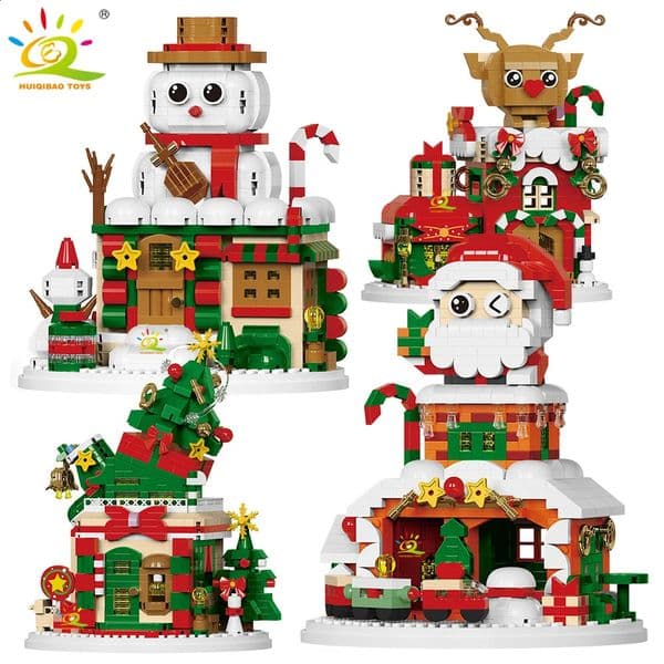 HUIQIBAO Christmas Elk Deer Santa Claus Building Blocks City Snow House Xmas Tree Decor Bricks Set Toys for Children Kids Gift 250916BJ