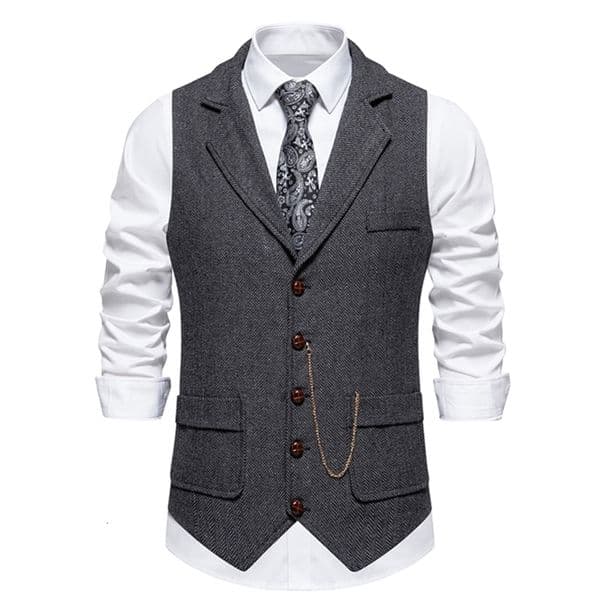 Mens Retro Lapel Chain Vest Fashion Herringbone Coarse Tweed Pockets Suit British Casual Vintage Gentleman Leisure Party 250915