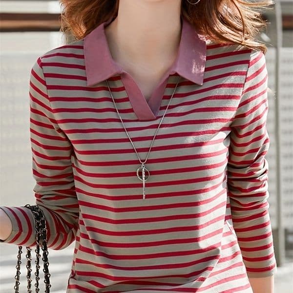 Womens striped pattern solid color lapel longsleeved POLO shirt casual daily knitted top machine washable not dry250916BJ