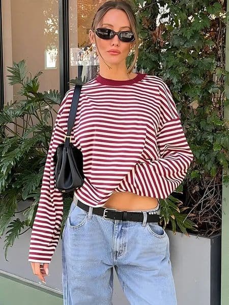 Fantoye Round Neck Print Striped Pullover Women Tshirt Red Long Sleeve Casual Y2k Femme Autumn Loose Elegant Streetwear 250915BANJIA