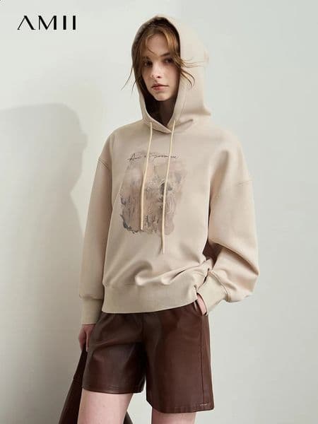 AMII Minimalist Hoodies for Women 2025 Autumn Art Print Letter Drop Sleeve Hooded Female Loose Streetwear Pullover 12413019 250915