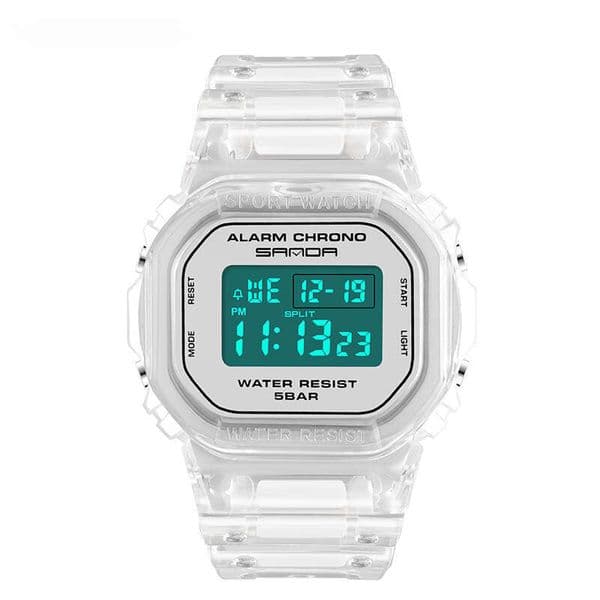 DHgargets Sanda Square Transparent Strap Electronic Watch Multi-Function Luminous Waterproof Outdoor Sports Student Wristwatch